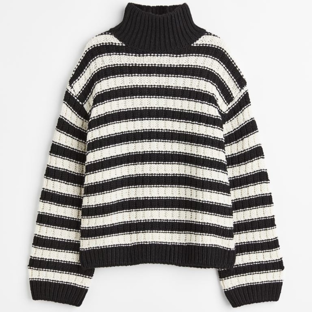 Black Striped Oversized Mock Turtleneck Sweater